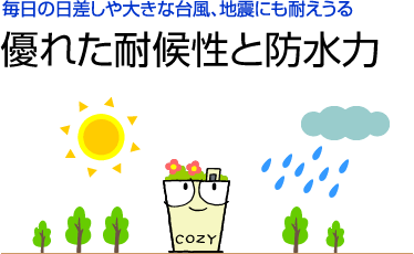 毎日の日差しや大きな台風、地震にも耐えうる優れた耐候性と防水力